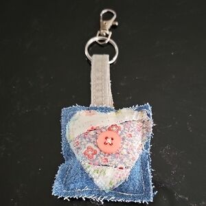 Denim Heart Keychain with Floral Accent